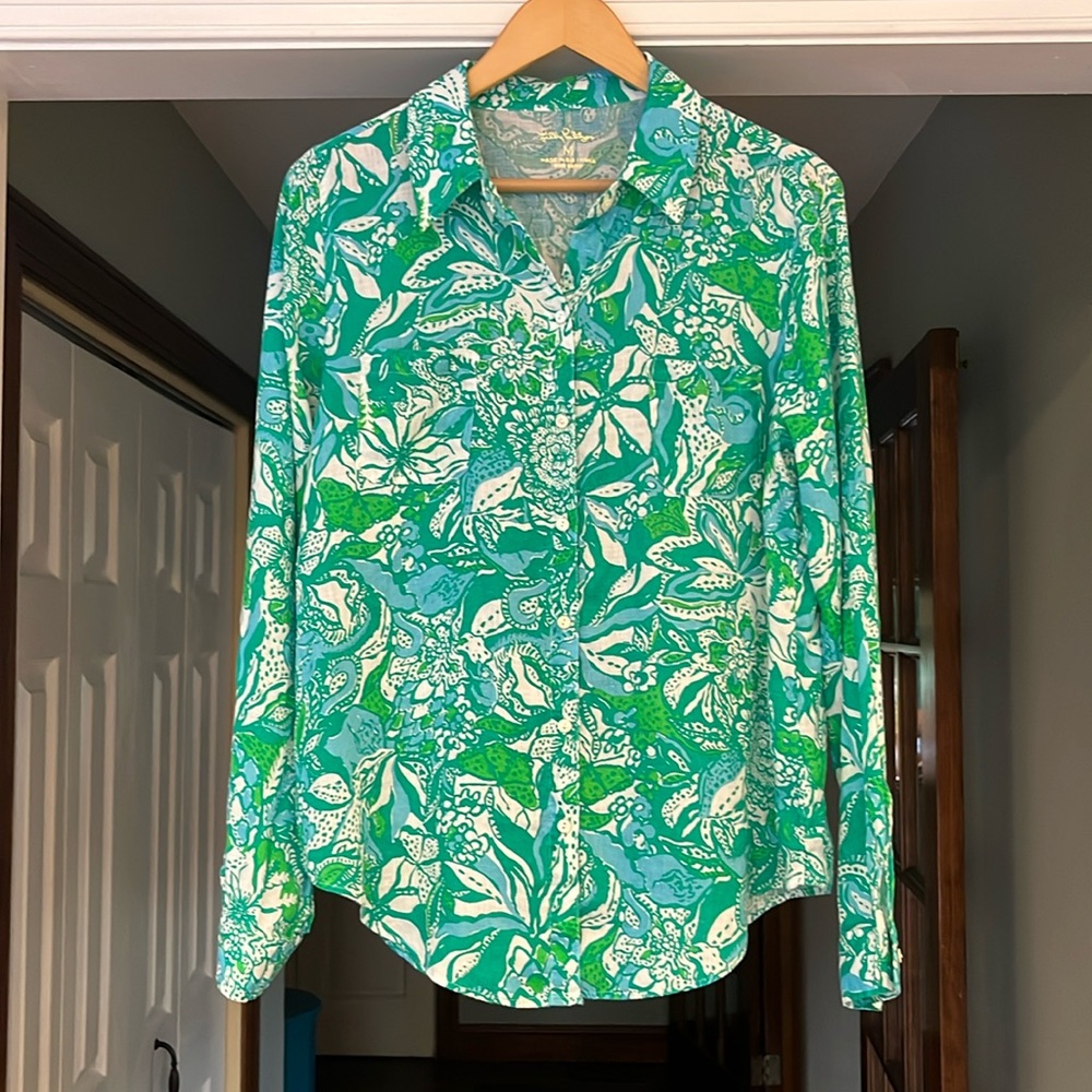 Lilly Pulitzer Linen Long Sleeve Button Down Shirt Top Green White Print Sz M